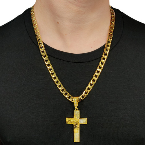 Corrente 100% Tungstênio Masculina Cruz Crucifixo Jesus Cor Dourado