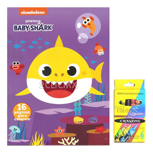17 Libros Colorear Baby Shark + 10 Cajitas Crayolas 6 Pzs