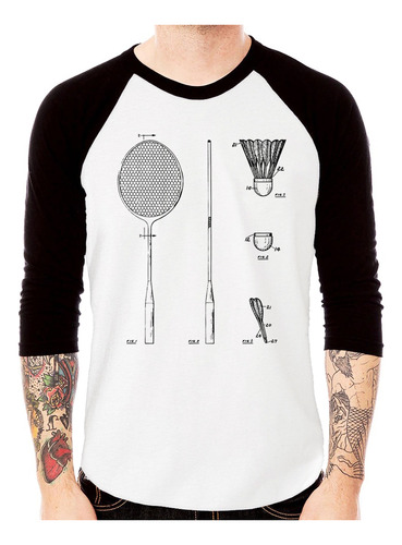 Camiseta Raglan Badminton Patente Raquete Manga 3/4