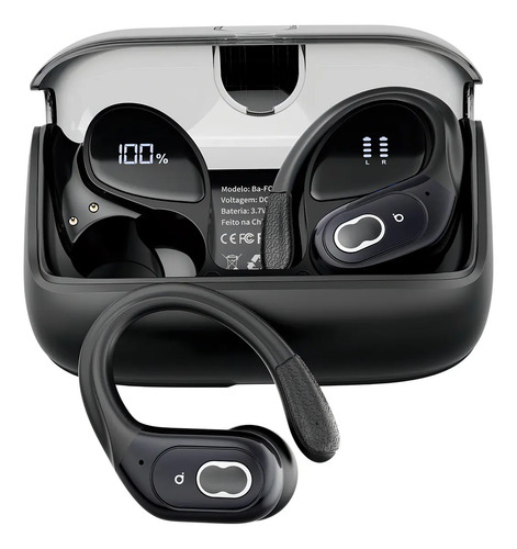Basike Fone De Ouvido Sem Fio Esportivo Bluetooth5.4 TWS, Corrida Gancho, à prova d'água, Com Gan, Tela LED Dupla, Suporta chamadas de voz, adequadas para Android e IOS, Cor Preto