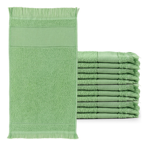 Kit Toalhas De Lavabo Social 100% Algodão Franja 23x39cm Verde Erva Doce - 12 Unidades