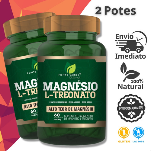 2 Potes Magnésio L-treonato Kit 120 Cáps -Fonte Verde