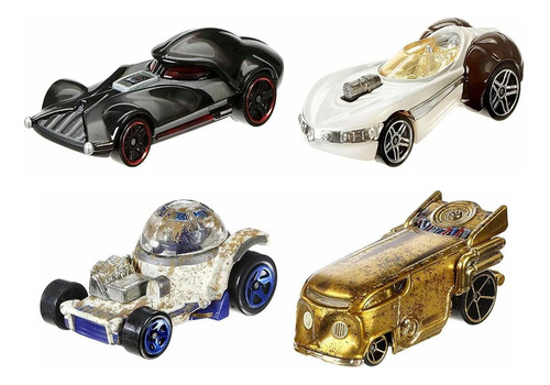 Star Wars Hot Wheels Set 4 Autos Metal Leia Vader C3po R2d2