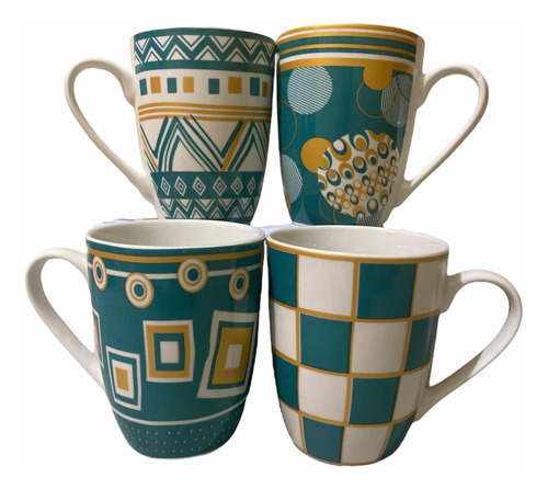 Set 4 Tazas Ceramica Decorada Cuadros Verde 13oz - 380ml