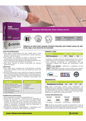 2 Bultos Psp Pegazulejo Porcelanico Reforzado Cemix 20 Kg