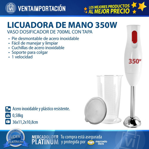 Imagen 5 de 6 de Minipimer Mixer Batidora De Mano + Vaso Dosificador + Tapa