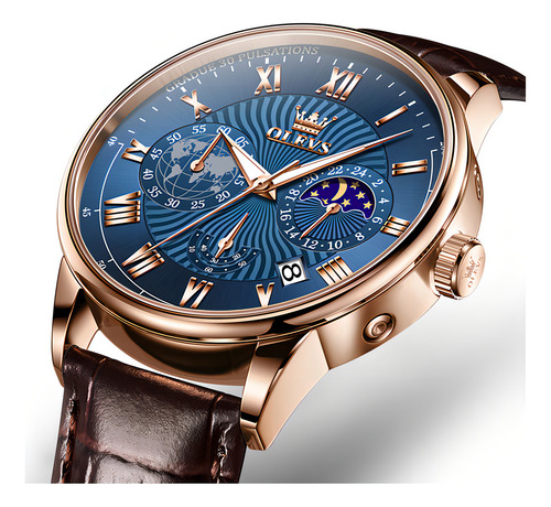 Reloj Olevs Chronograph Moon Phase Luminous De Cuero Color Del Bisel Rose Blue