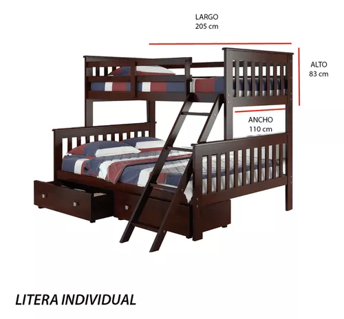 Litera de tamaño individual sobre matrimonial con 2 cajones de  almacenamiento, base de cama de madera individual sobre cama matrimonial  con