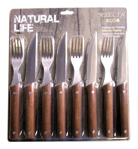 Set De Cubiertos Selecta 8p Cuchillo Tenedor Carne Madera Ub