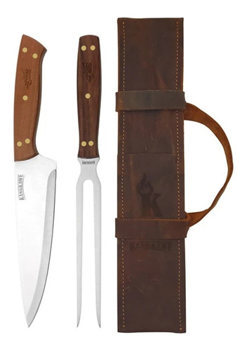 Set Parrillero Cuchillo Tenedor Con Estuche Cuero + Grabado