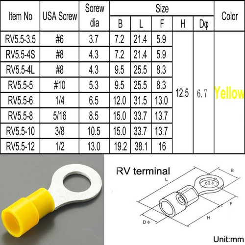 Terminal 50pza Rv5.5-12 Amarilla Ojo 1/2 Cal10-12awg