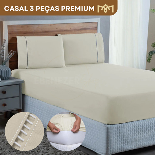 Jogo De Cama Casal Padrão 3 Peças 400 Fios Toque Acetinado Suave C/ Fronha Ponto Palito Premium Cor Palha