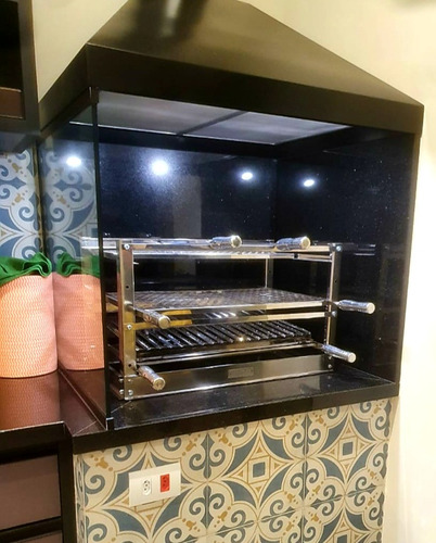 Suporte Grill Manual P/ Churrasqueira em Inox + Grelhas + Espetos - Largura: 60cm x Profundidade: 51,5cm