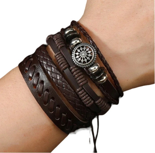 Pulsera De Cuero Ajustable De 4 Tiras Marron - E305