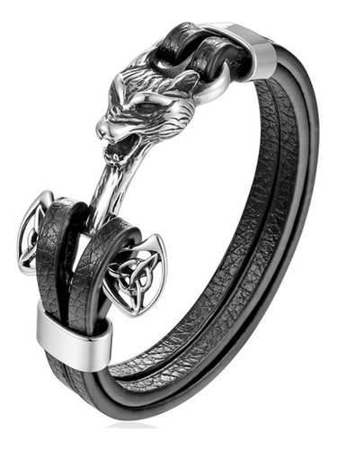 Pulsera De Lobo Para Caballero Piel Y Acero Inoxidable Negra