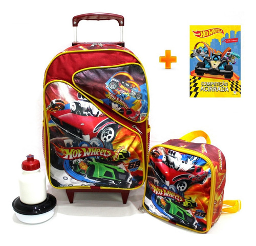 Kit Mochila Hot Wheels Carros 3 Bolsos Rodinha G y Lancheira 19L Cor Vermelho