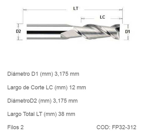 Fresas Planas Router Cnc 2 Filos, 3,175mm 1/8