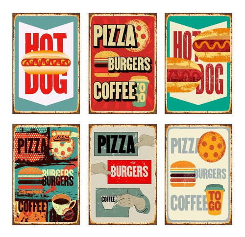 6 Carteles Metalicos Hot Dogs-burgers Americano Style 20x30 