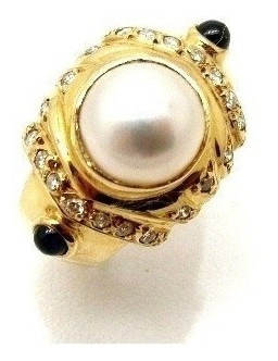 Anel Pérola Mabe E Safiras Com Diamantes Ouro 18k 11439 K965