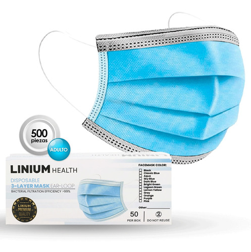 Cubrebocas Tapabocas Linium Tricapa Termosellado Ajuste Nasal Certificado 99% Repelente De Bacterias 500 Pzs Azul Con Gris