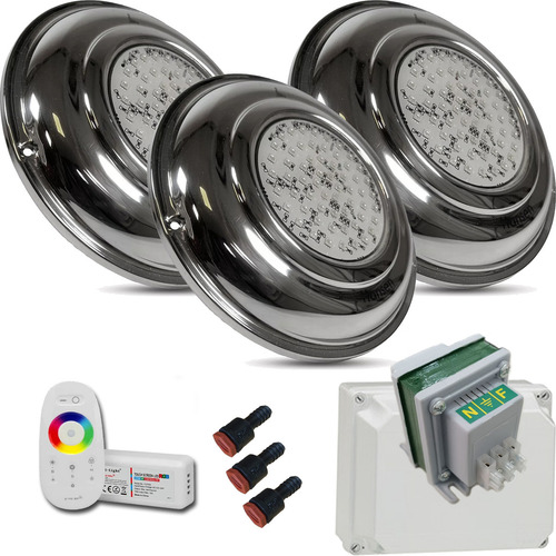 Luces De Pileta Kit 3 Luces Led 20w Rgb 23cm De Acero Inoxidable Con Transformador Caja Controlador Rgb Y Pasamuros Listo Para Instalar En Pileta De Material Hormigon