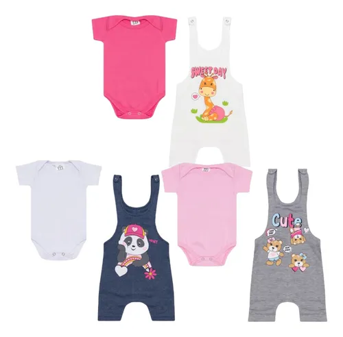 Kit Roupa De Bebe 6 Peças Jardineira E Body Menino E Menina