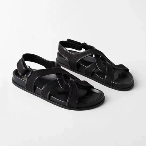 Sandalias De Suela Gruesa De Lona De Lino Negro Retro Para C