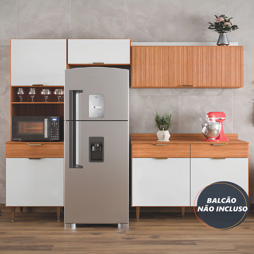 Armário de Cozinha Completa 4 Portas Ripado 3D 1 Gaveta Nicho Para Micro Ondas Madeirado/Off White Vitória Batrol