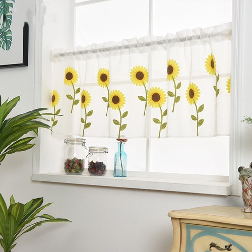 Cortinas De Cocina Con Girasol Bordado 2 Piezas