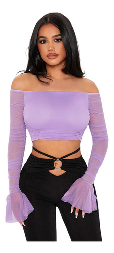 Blusa Top Corto Sexy Ajustado Malla Manga Larga Campana L