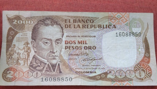 Billetes Colombiano De 2000 Pesos, Thomas De La Rue.1985