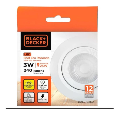 Spot Luz Led Black+decker Redondo Dimerizable 3w Luz Cálida