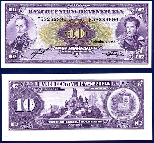 Billete 10 Bolívares F8 Noviembre 3 1988 Bolívar Y Sucre