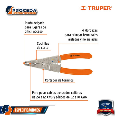 Pinza 8 Pela Cables 24 A 12 Awg, Truper 17357