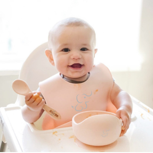Set Papubaby De Babero, Bowl Y Cuchara De Silicón Para Bebés Color Rosa pastel
