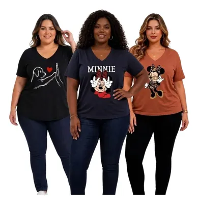 Kit Com 3 Blusas Feminina Plus Size G1 G2 G3 G4 G5 Azul / Cinza / Preto G5 Veste 56-58