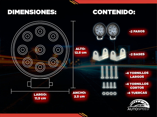 2 Faros 9 Led Redondos O Cuadrados Luz Fija Y Estrobo Slim