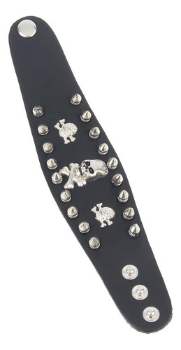 Brazalete Ancho Cuero Con Cráneo Y Remache Gótico Negro