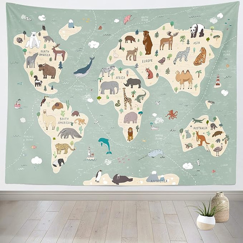 Loccor Tapiz De Mapa Del Mundo De Animales Pintado A Mano D