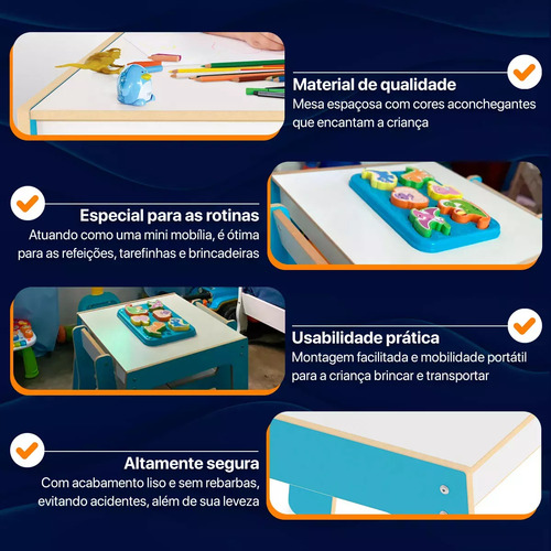 Mesa Com Cadeirinha De Madeira Resistente Para Crianças Azul