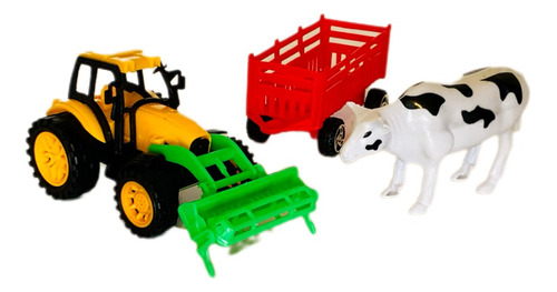 Set Granja Tractor Con Acoplado Y Vaca Juguete Niños