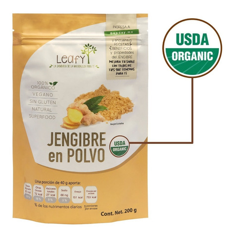 Imagen 4 de 7 de Jengibre Orgánico En Polvo Superfood Leafy 3 Pack 600 Gramos