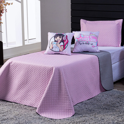 Kit Cama Colcha Girl Gamer Com Almofadas Solteiro 04 Peças