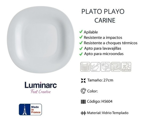 Plato Luminarc Carine Playo 26 Cm Vidrio Templado Blanco / N