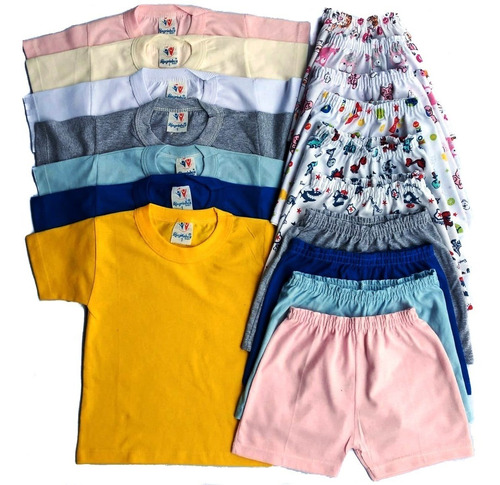 Kit 10 Peças Camiseta Bebê Lisa +shorts Liso E Estampado 