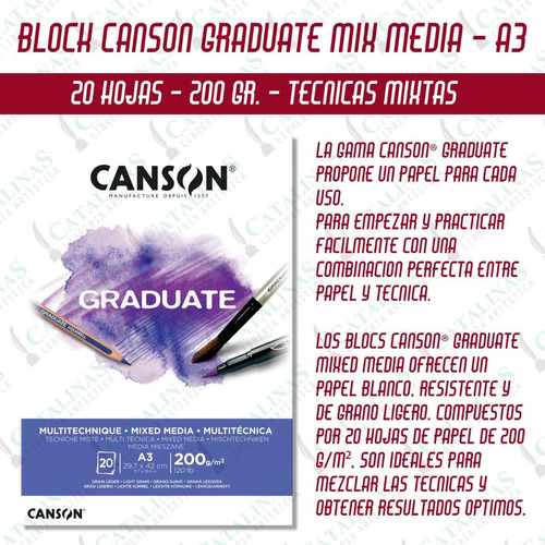 Block Canson Graduate Mix Media 200gs. 20h. A3 Microcentro