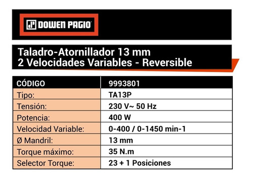 Taladro Atornillador 13mm Vel Variables Dowen Pagio 9993801 Color Naranja Frecuencia 50