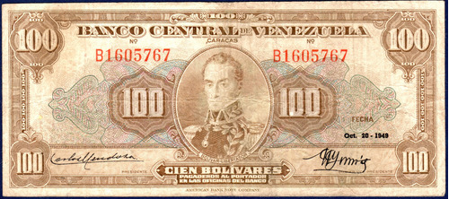 Billete De 100 Bolívares B7 Octubre 20 1949 Simón Bolívar