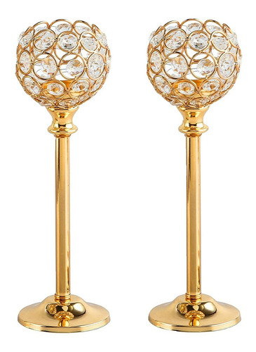 Candelabro Cristal Dorado Base Decorativa Oro Metalico X2