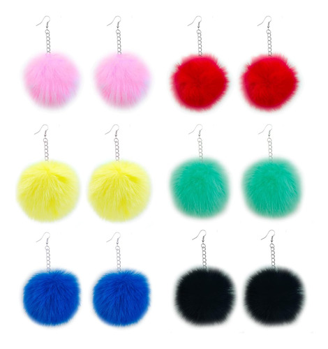 6 Pares De Aretes Con Pompones Para Mujer, Aretes Esponjosos